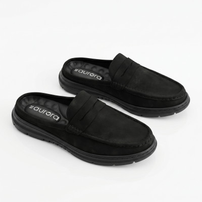 Aurora Men Premium NuBuck Leather Half Loafer Black
