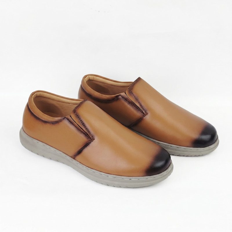 Aurora Men's Genuine Leather Slip-On – Tan Burnished Casual Semi-Formal Shoe