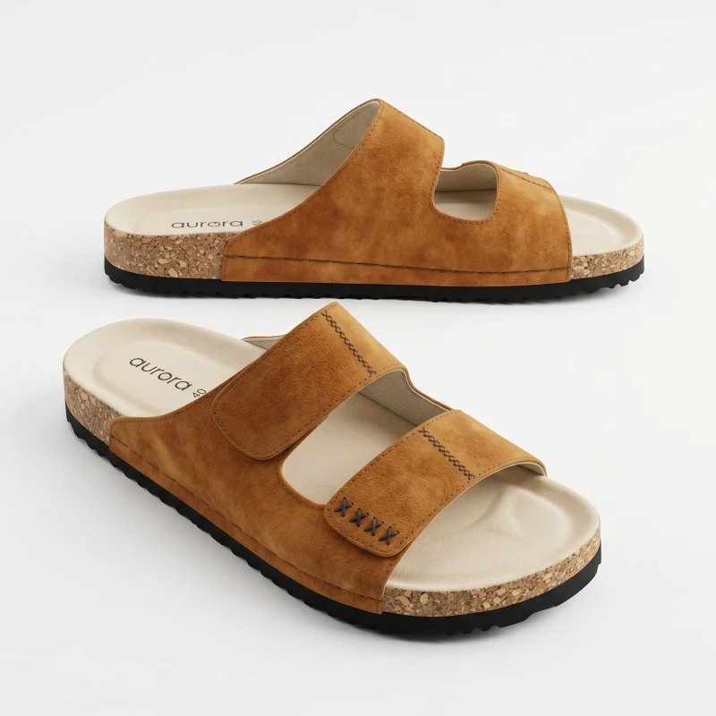 Aurora Men's Suede Leather Cork Sandal – Camel Adjustable Strap Slide