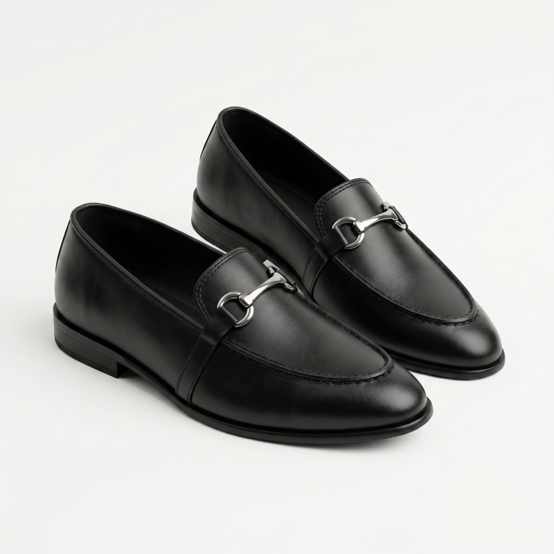 Aurora Men's Genuine Cow Leather Horsebit Loafer – Black Formal Buckle Shoe