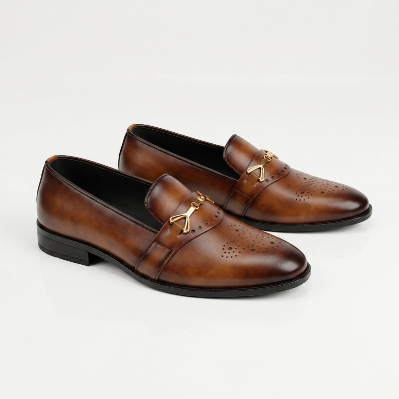 Aurora Men's Handcrafted Cow Leather Buckle Loafer – Brown Patina Formal Shoe