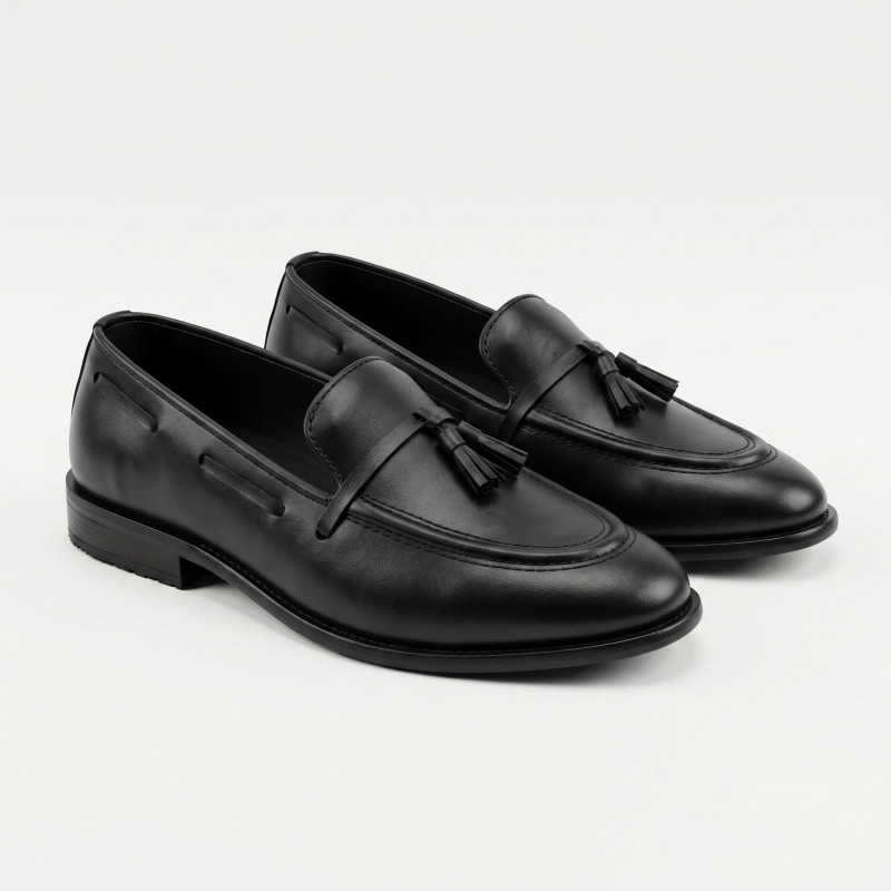 Aurora Men's Premium Cow Leather Tassel Loafer – Black Stitched Formal Shoe