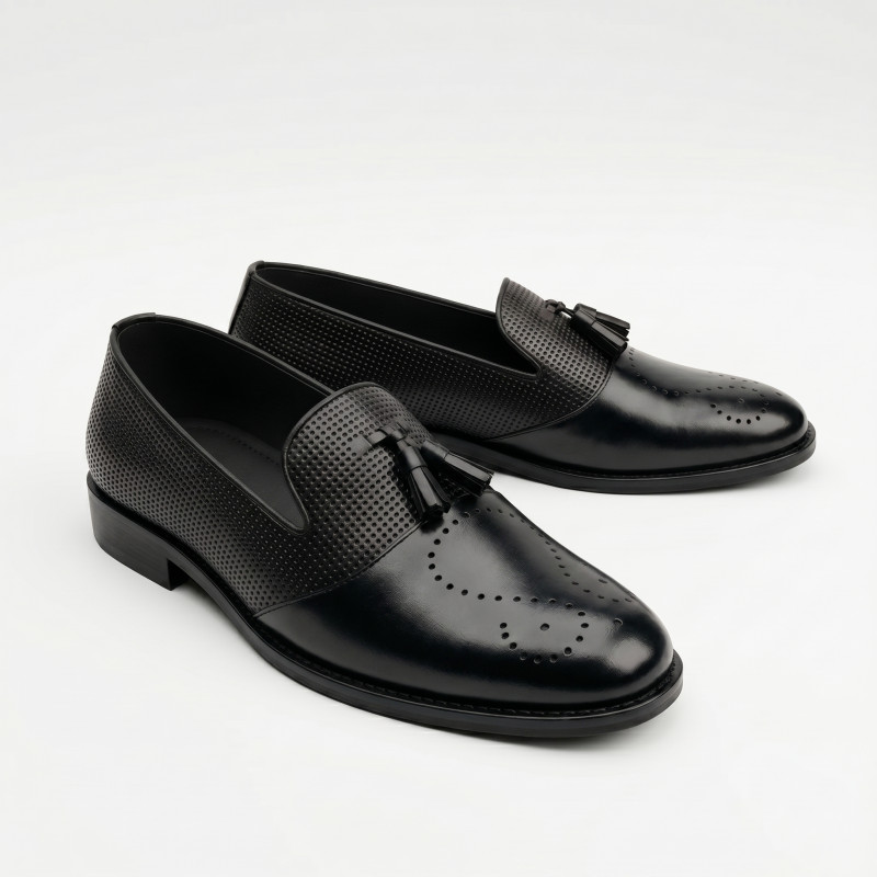 Aurora Men's Genuine Cow Leather Tassel Loafer – Black Formal Brogue Shoe