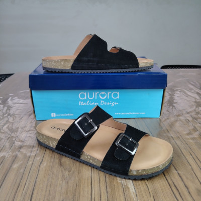 Men’s Classic Suede Cork Sandals – Adjustable Buckle Comfort Footbed Slippers in Black