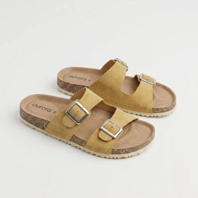 Men’s Classic Suede Cork Sandals – Adjustable Buckle Comfort Footbed Slippers in Yellow