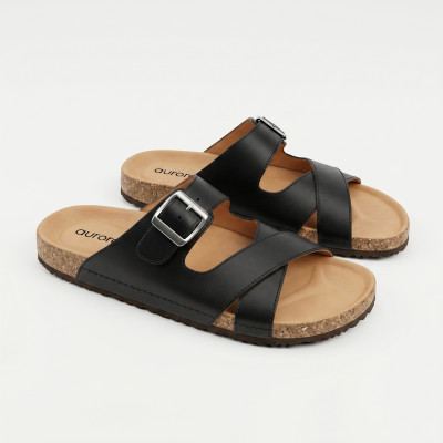 Men’s Classic Suede leather Cork Sandals – Adjustable Round Buckle Comfort Footbed Slippers in Black