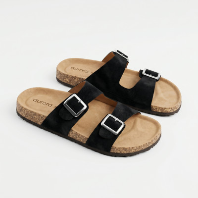 Men’s Classic Suede Cork Sandals – Adjustable Buckle Comfort Footbed Slippers in Black