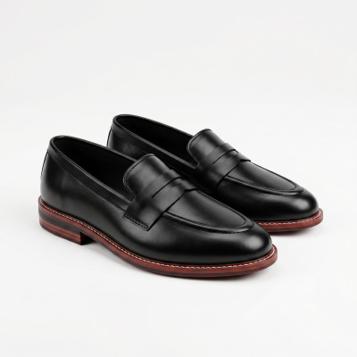 Penny Loafer in Black Natural Cow Leather with Leather Sole
