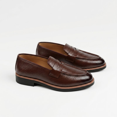 Penny Loafer in Brown Natural Milled Leather with Leather Sole