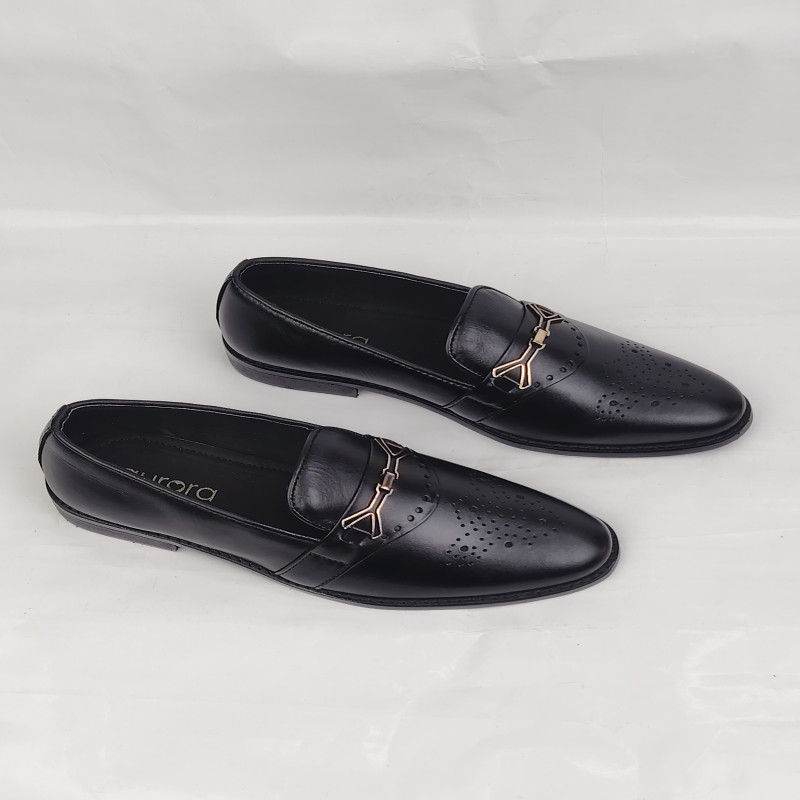 Aurora Men's Genuine Leather Chain Buckle Loafer – Black Formal Brogue Shoe